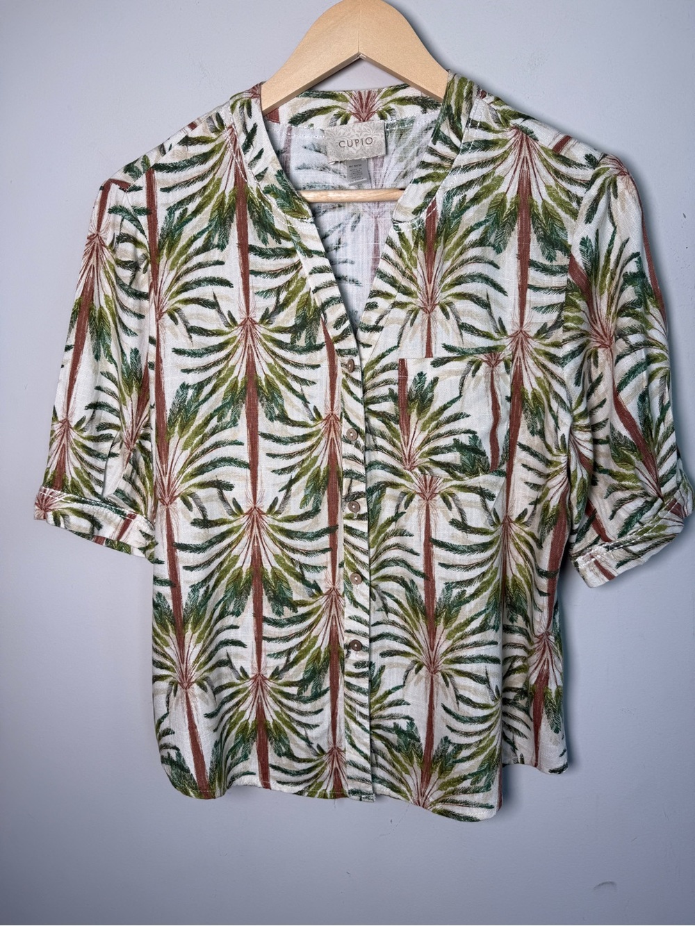 Cupio Palm Tree Print Button Front Top Linen Blend Sz M